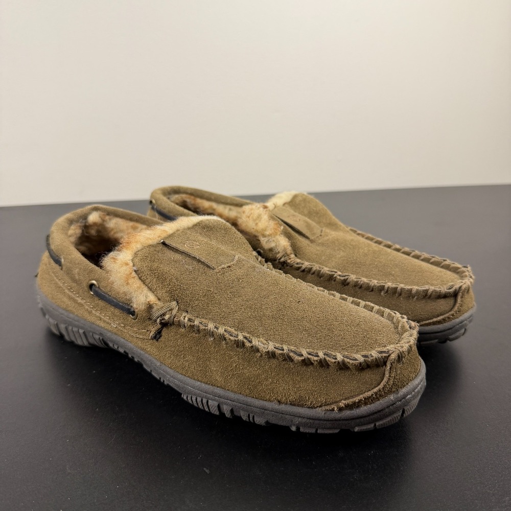 Clarks Moccasin Slippers‎ Mens 9M Brown Suede Faux Fur Lined Slip On Casual Cozy